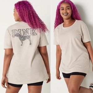 Victoria's Secret PINK Campus Short Sleeve Tee Vanilla Bean Shine NEW